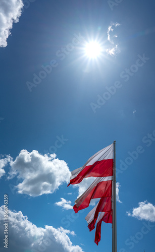 die polnische Nationalfahne vor blauem Himmel photo