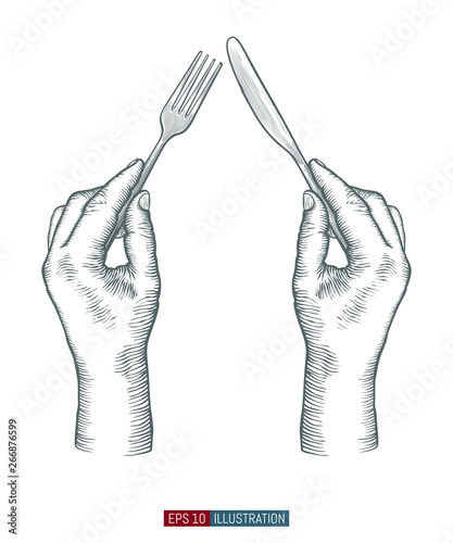Hand drawn hands holding fork and knife. Engraved style vector illustration. Elements for you design works.