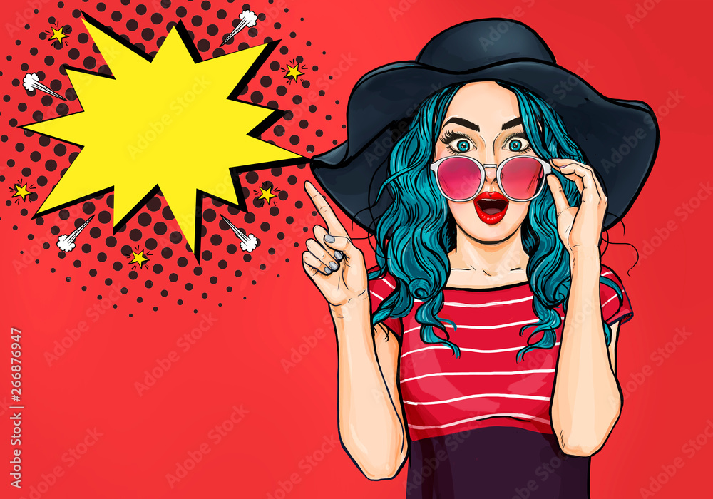 Pop Art Woman surprised in hat and glasses showing product .Beautiful girl  with curly hair pointing to on bubble . Presenting your product. Expressive  facial expressions Stock イラスト | Adobe Stock