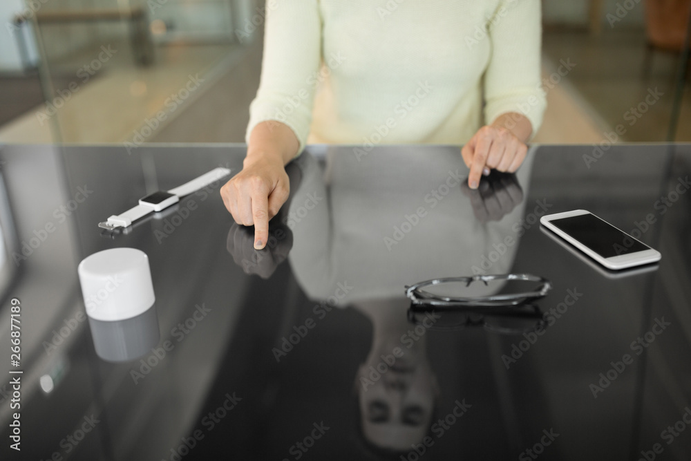 technology and people concept - close up of woman using black interactive panel technology and people concept - close up of woman using black interactive panel