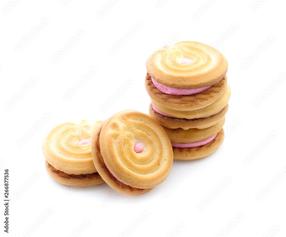 sandwich cookies with strawberry cream on white background sandwich cookies with strawberry cream on white background