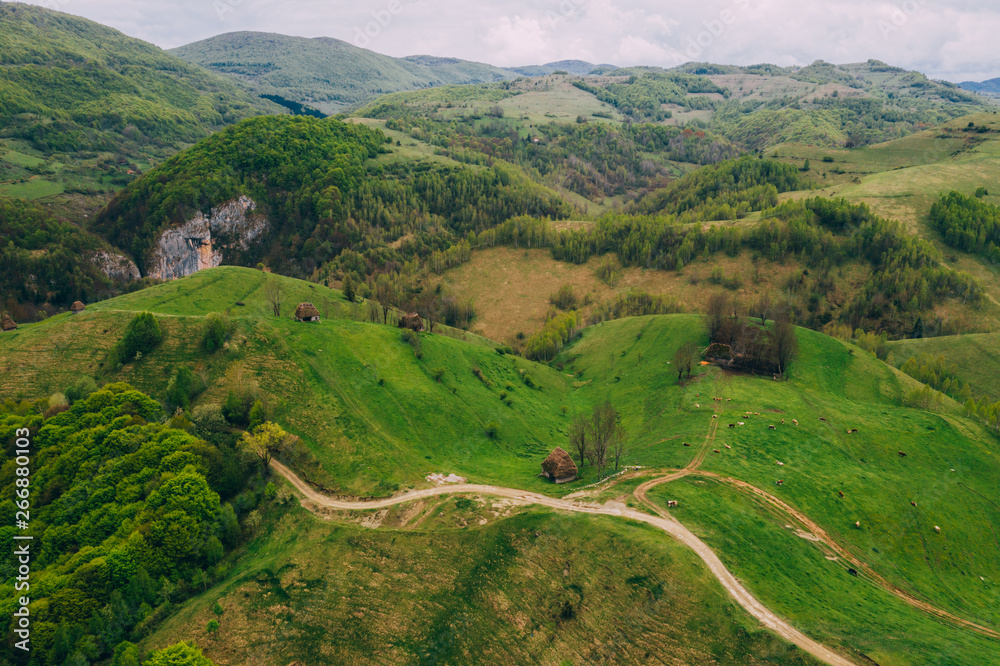 Drone view of green meadows, small houses and roads in Transylvania, Romania.