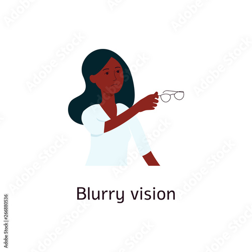 Woman with blurred vision holding glasses cartoon style