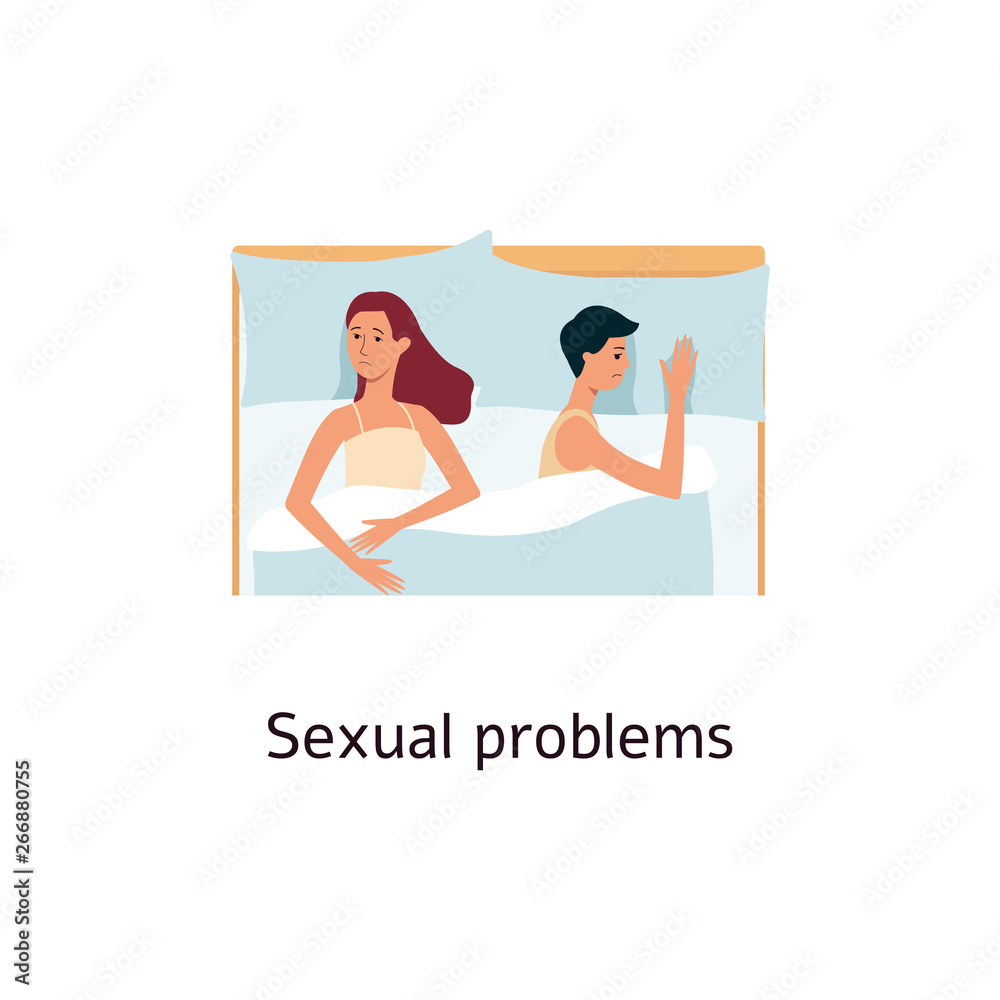 Couple lying in bed with sexual problems cartoon style