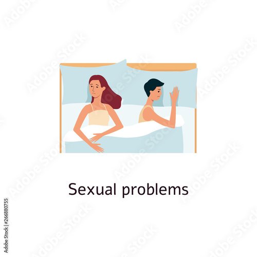 Couple lying in bed with sexual problems cartoon style