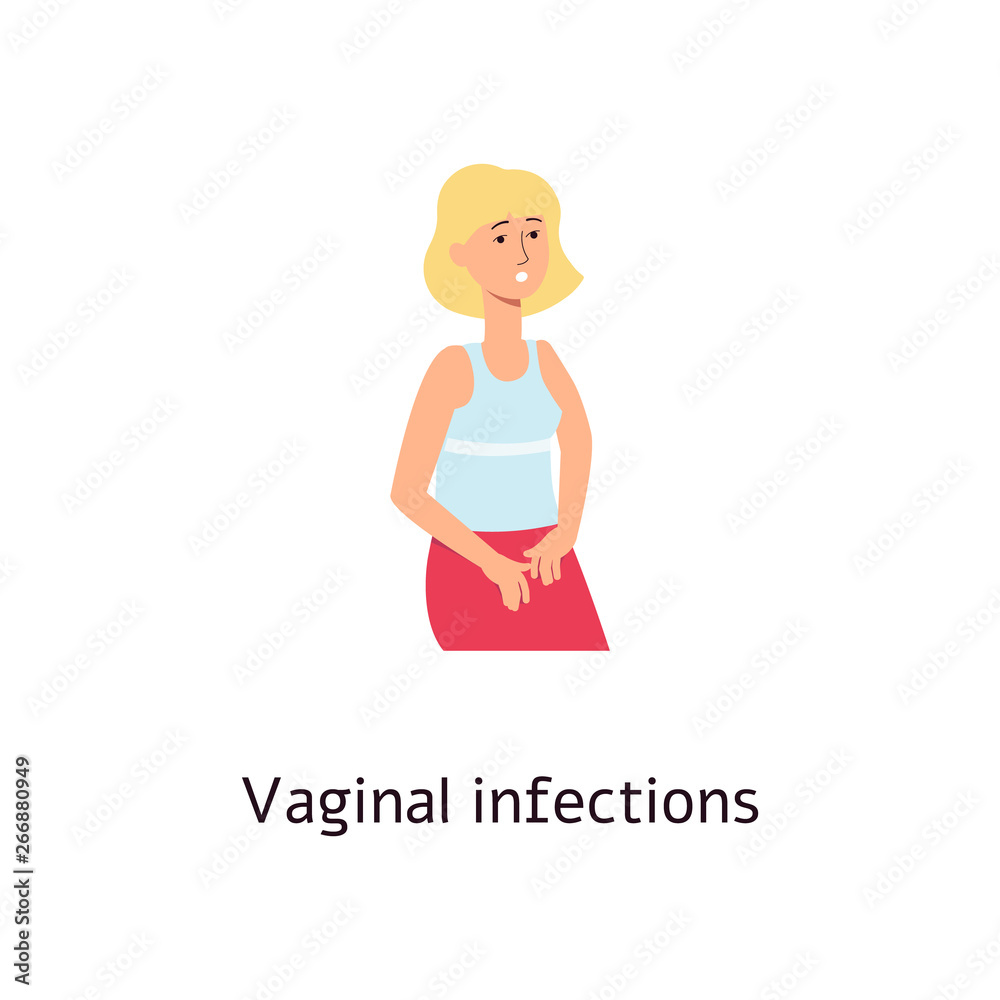 Woman holding her crotch because of vaginal infections cartoon style