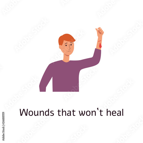 Man with bleebing wound on arm cartoon style
