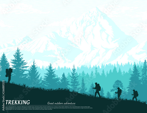 Abstract background. Forest and mountains wilderness landscape. People with backpacks silhouettes. Template for your design works. Hand drawn vector illustration.