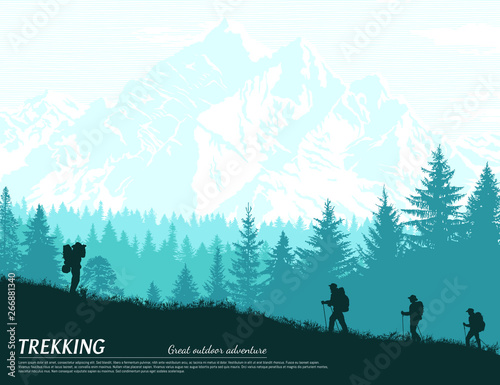 Abstract background. Forest and mountains wilderness landscape. People with backpacks silhouettes. Template for your design works. Hand drawn vector illustration.