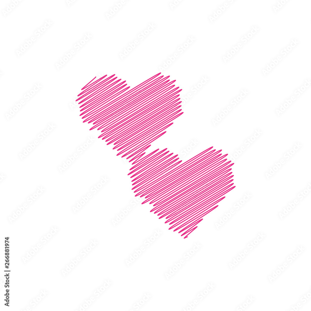 Hand painted two red hearts on white background, one line. Hand drawing of heart doodle by crayon . Use for background Hand painted two red hearts on white background, one line. Hand drawing of heart doodle by crayon . Use for background