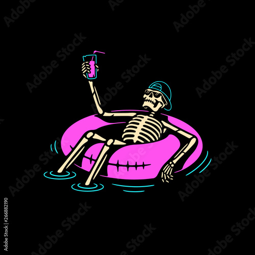 SKELETON IN CAP CHILLING WITH COCKTAIL AND SWIM RING COLOR BLACK BACKGROUND photo