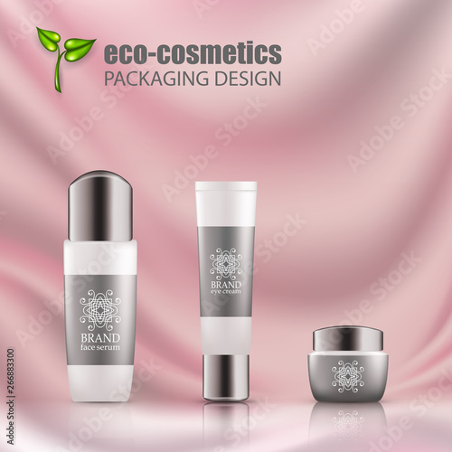 Set of realistic green glass bottles eco cosvetic