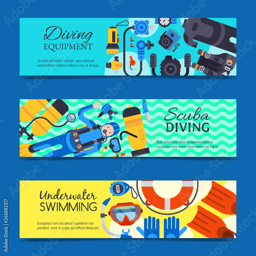 Underwater diving sport banner poster templates vector illustration. Water diving activity scuba dive equipment. Active swimming tourism tools adventure. Snorkeling recreation concept.