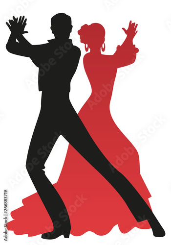 Silhouette of couple of flamenco dancers playing the palms, isolated on white background photo