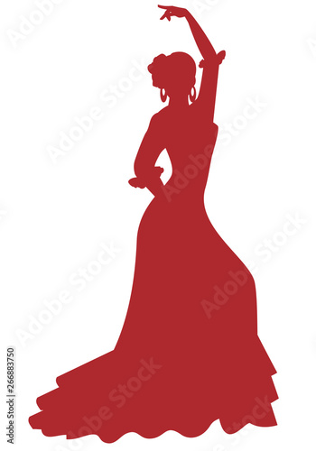 Silhouette of Spanish Flamenco dancer woman dancing isolated on white background