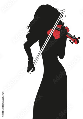 Silhouette of female violinist playing a red violin isolated on white background