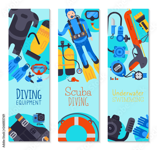 Underwater diving sport shop banner poster templates vector illustration. Water diving activity scuba dive equipment. Active swimming tourism tools adventure. Snorkeling recreation concept.