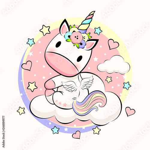 Cute Baby unicorn with flowers, stars and hearts