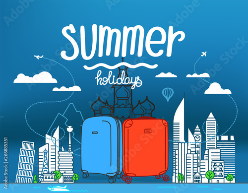 Color plastic suitcases with abstract cityscape