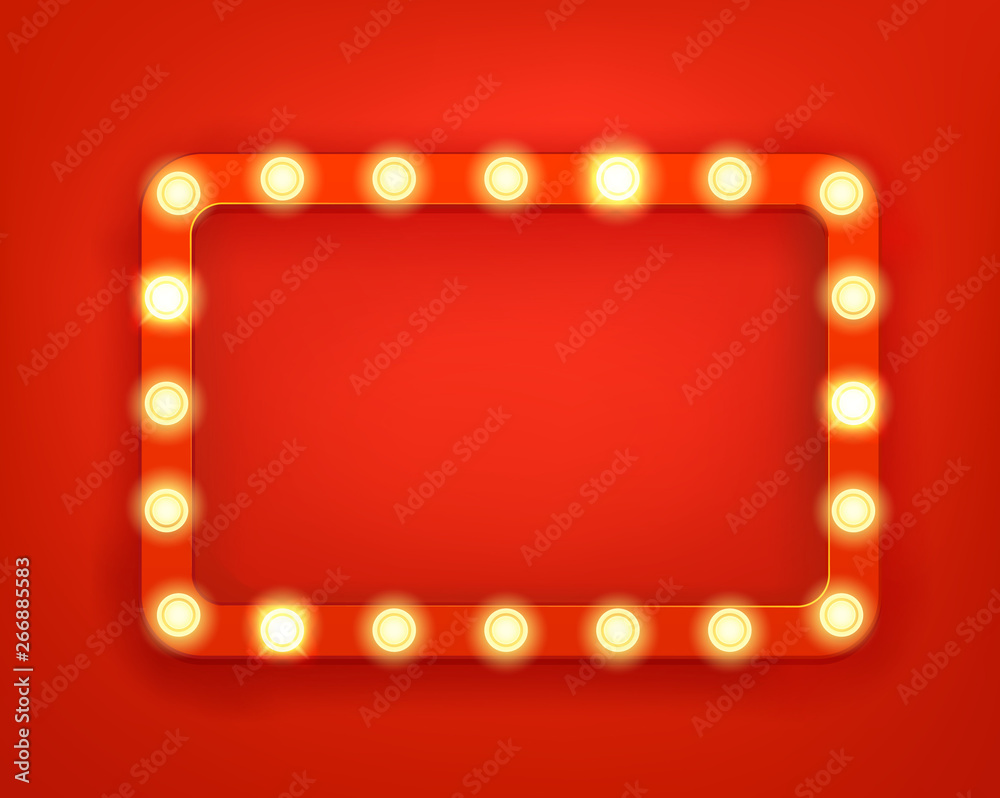 Vintage frame with bright lightbulbs. Bright retro frame template for a text
