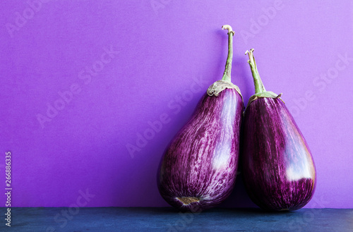 Two ripe purple aubergine eggplants on violet black background. Organic vegetables with beautiful striped pattern. copy space