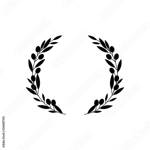 Circle frame from black silhouette of two olive tree branches in flat style