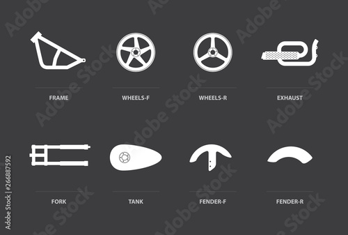 Vector white simple motorbike parts icon frame, wheels, exhaust, fork, tank, fender.
