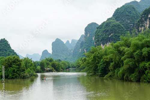 Landscape shot of beautiful natural riverway with karst mountains in one of China's most popular national tourism destinations