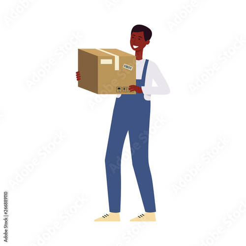 Delivery man or courier with a cardboard box vector illustration isolated on white.