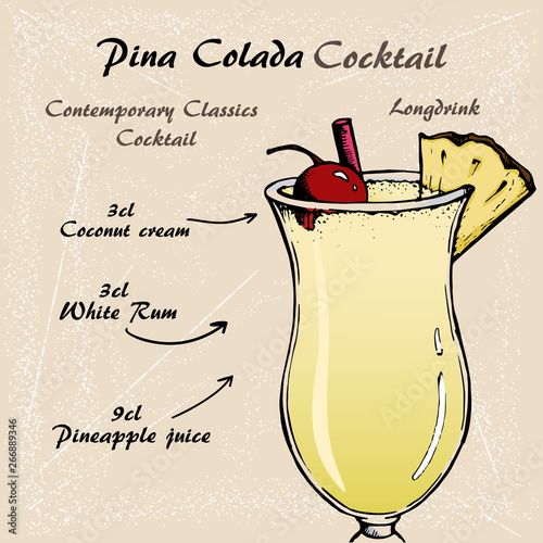 Vector illustration of alcoholic cocktail pina colada retro hand drawn style.
