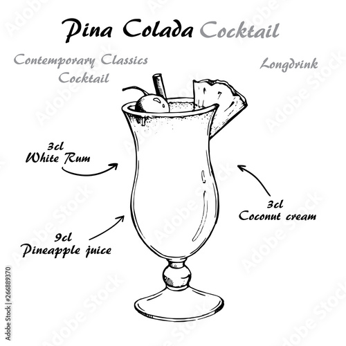 Vector illustration of alcoholic cocktail pina colada retro hand drawn style.