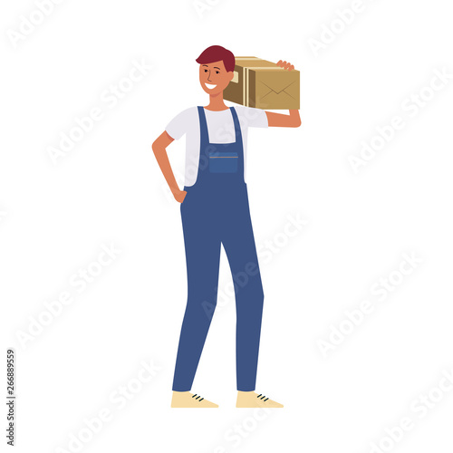 Delivery man or courier with a cardboard box vector illustration isolated on white.