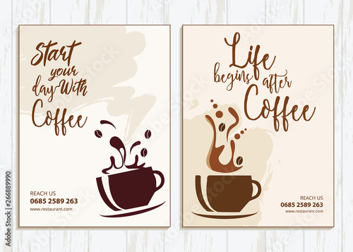 Set of two coffee shop brochure template vector design with graphics. Illustration of restaurant business flyer design with the coffee graphics and text