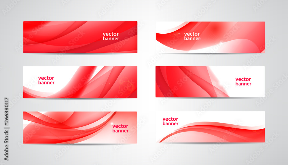 Vector set of wavy banners, red web headers. Silk vibrant abstract background, horizontal orientation - obrazy, fototapety, plakaty 