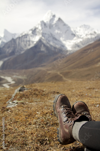 hiking boots in mountains