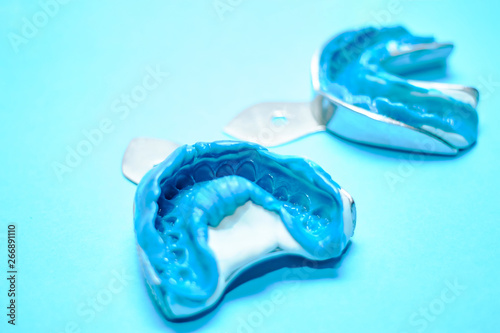 Wallpaper Mural Two dental impressions on a blue background with copy space. Dental molds from the upper and lower jaws of silicone material. The imprint of the tooth row of high precision. Torontodigital.ca