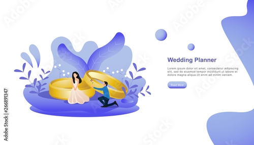 happy wedding planner. just married couples. wedding design on white background illustration with people character for web landing page template, banner, presentation, social or print media - Vector