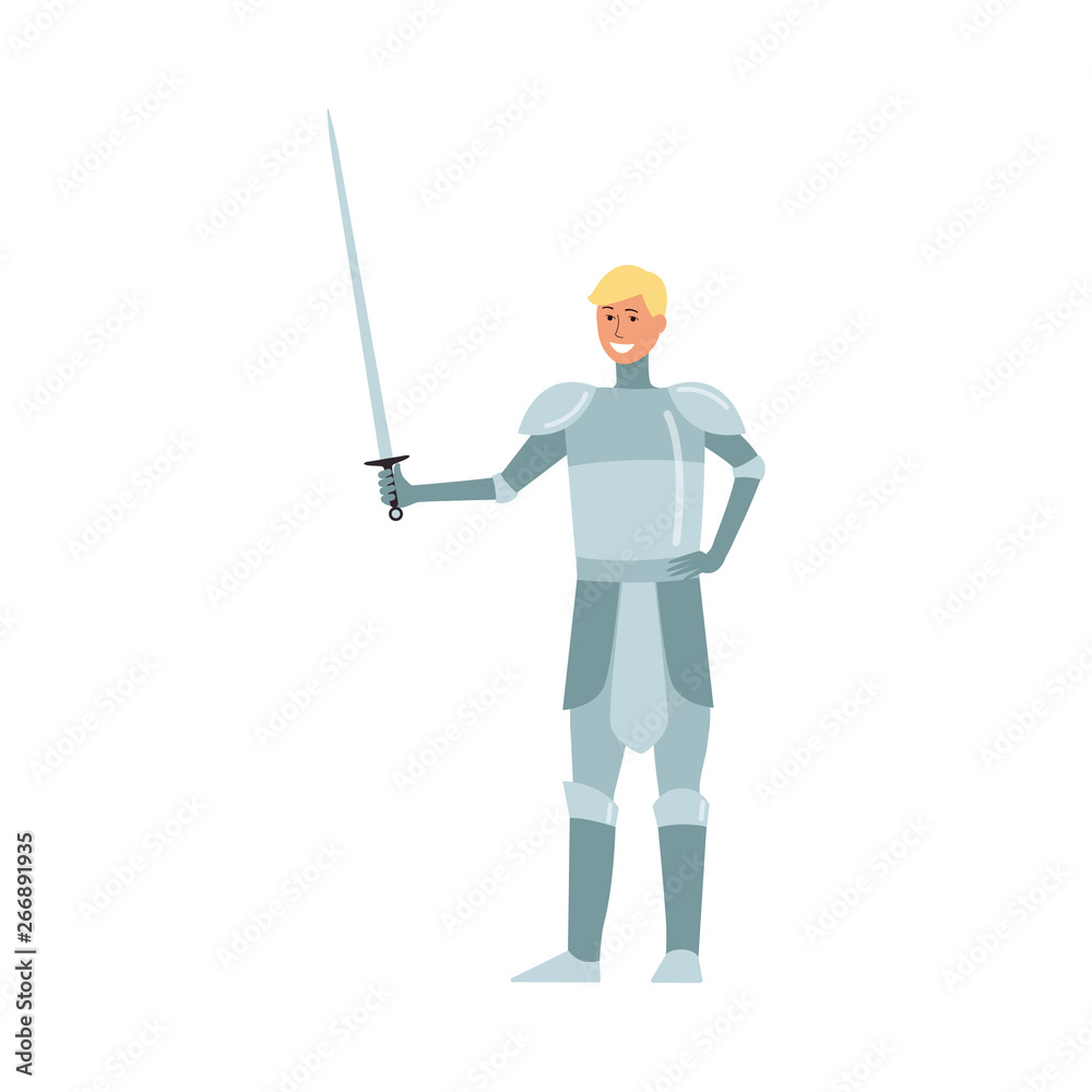 Medieval young man knight blond from a fairy tale smiles and stands in metal armor with a sword. Medieval young man knight blond from a fairy tale smiles and stands in metal armor with a sword.