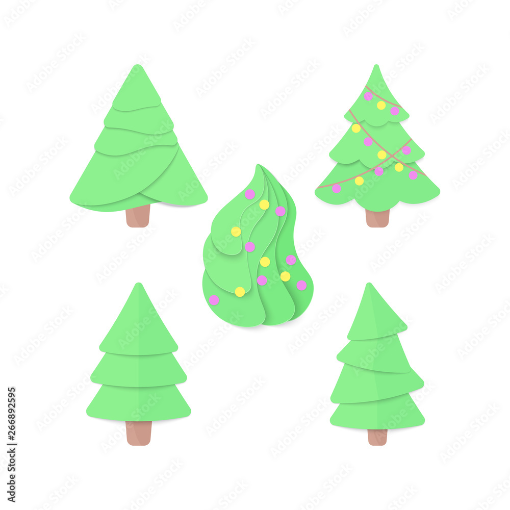 Set of Cartoon Christmas trees paper cut craft . Xmas tree element for postcard, landscape, web, banner, poster, sticker, tag. Set of Cartoon Christmas trees paper cut craft . Xmas tree element for postcard, landscape, web, banner, poster, sticker, tag.