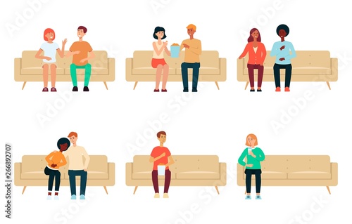 Set of people and couples sitting on couch cartoon style