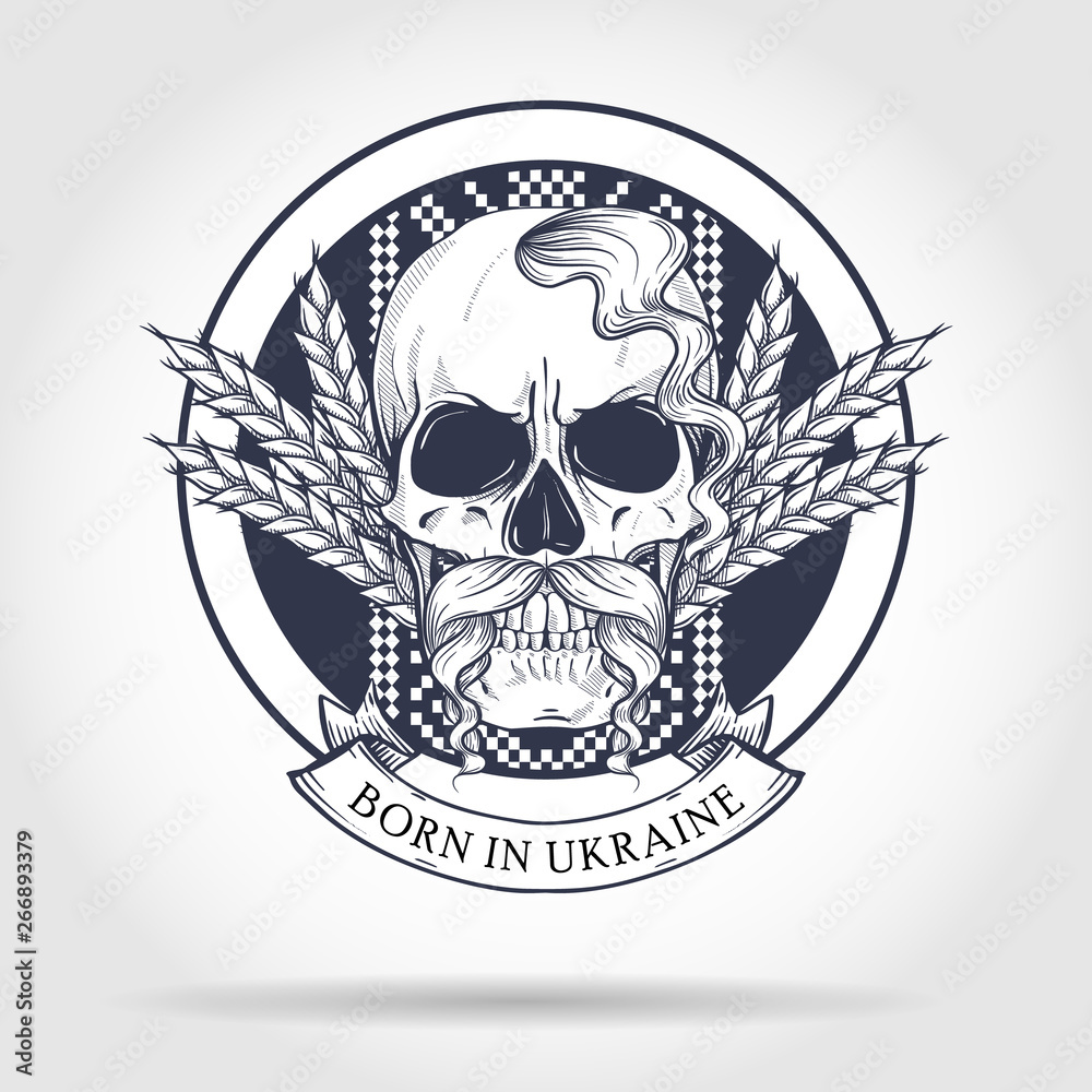 Fototapeta premium Hand drawn sketch, skull with Ukrainian national embroidery pattern, mustaches, spikes of wheat. Poster, flyer design