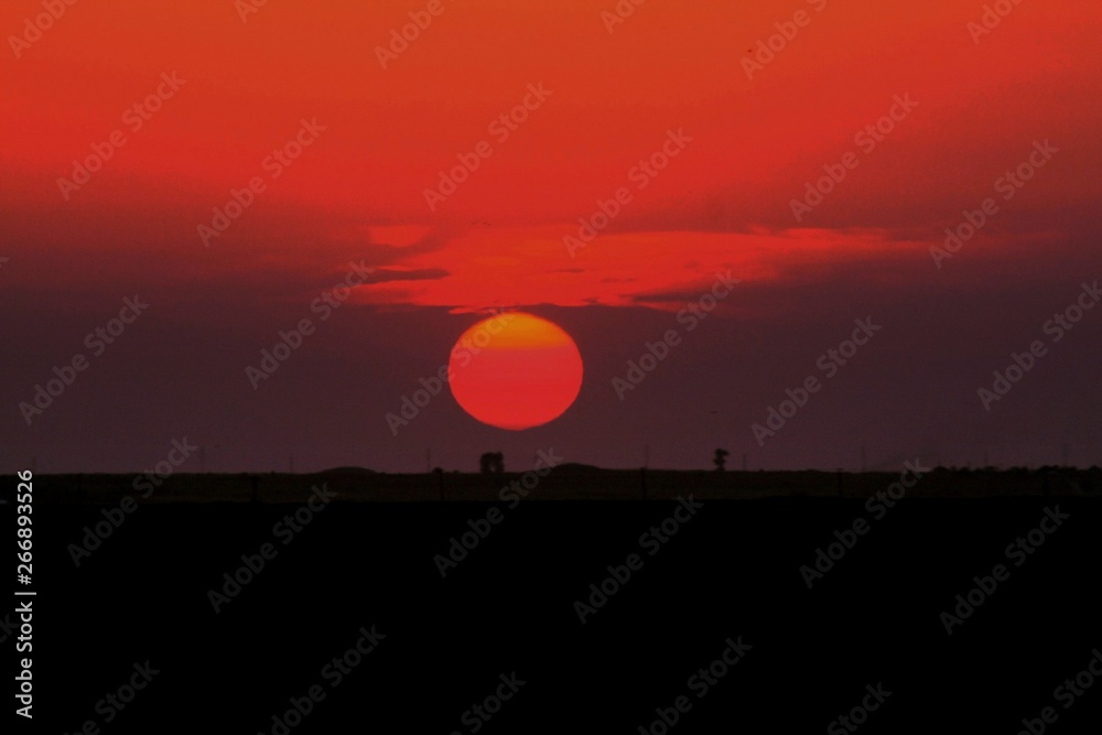 a sunset on a field