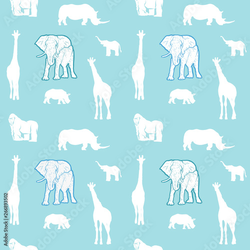 Hand drawn animals for kids on bright green background