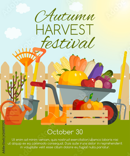 Autumn harvest festival banner, poster vector illustration. Vegetables and tools for gardening such as wheelbarrow, trowel, fork hoe, boots, shovels and spades, lawn mower, watering can.