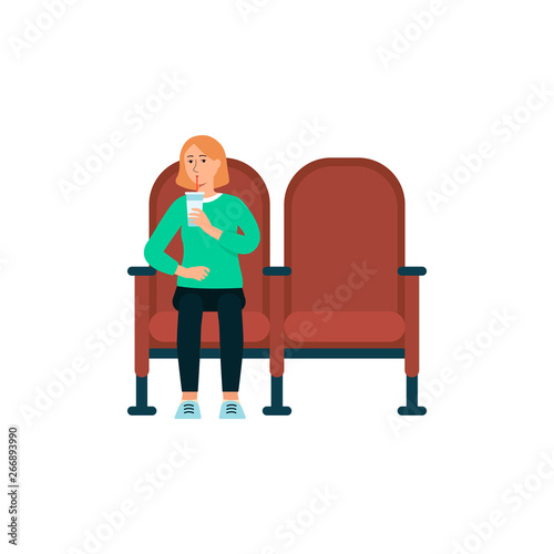 Single woman with beverage in cinema cartoon style