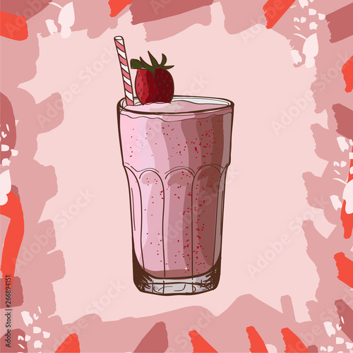 Strawberry banana smoothie recipe. Menu element for cafe or restaurant with energetic fresh drink. Fresh juice for healthy life.
