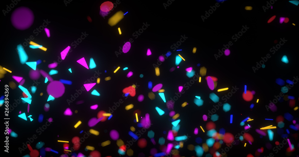 Abstract neon 3d rendered background. Geometrical elements and particles fly on black. Colorful concept for night party poster or banner.