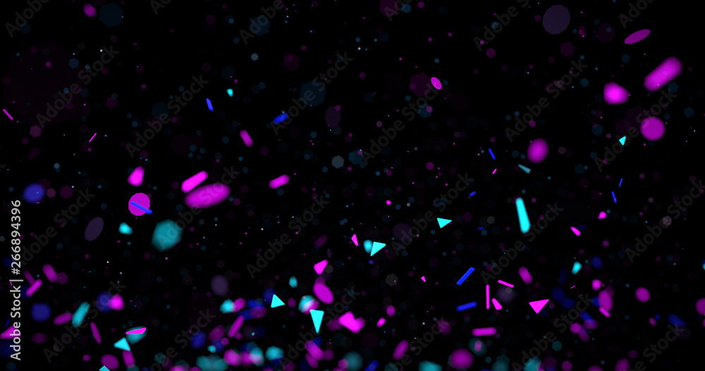 Abstract neon 3d rendered background. Geometrical elements and particles fly on black. Colorful concept for night party poster or banner.