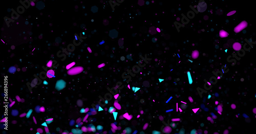 Abstract neon 3d rendered background. Geometrical elements and particles fly on black. Colorful concept for night party poster or banner.
