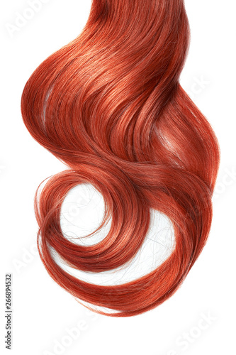 Long wavy red hair isolated on white background. Ponytail